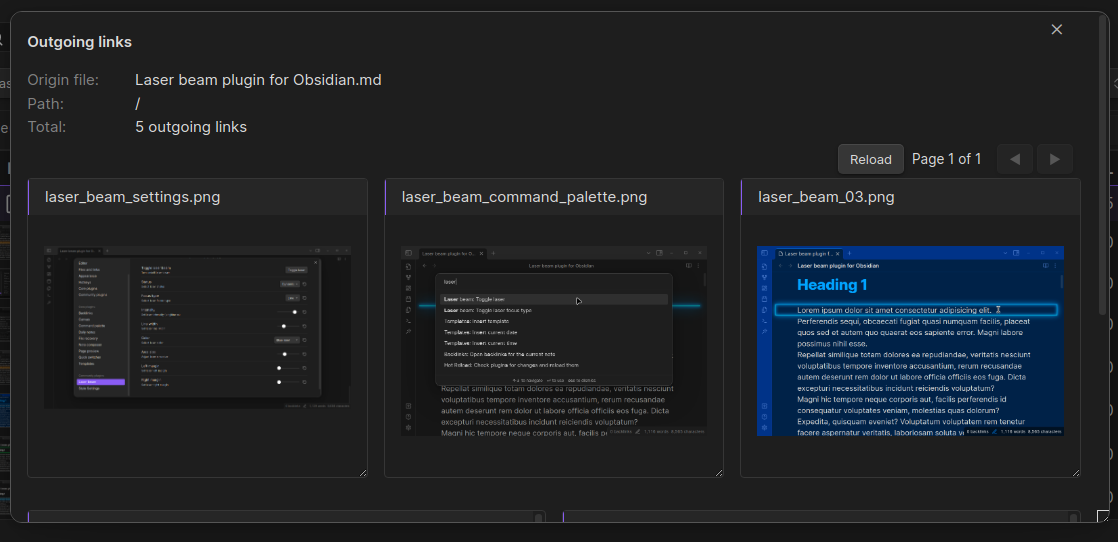 Dashboard navigator for Obsidian - outgoing links modal