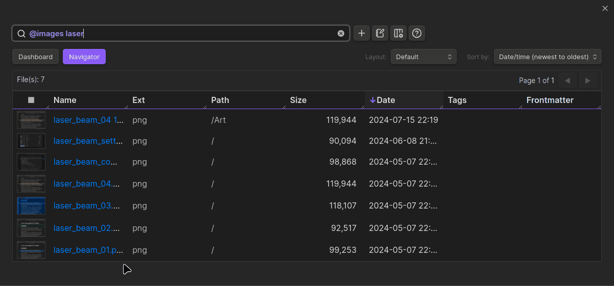 Dashboard navigator for Obsidian - quick display options gif