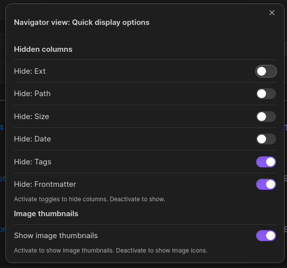 Dashboard navigator for Obsidian - quick display options