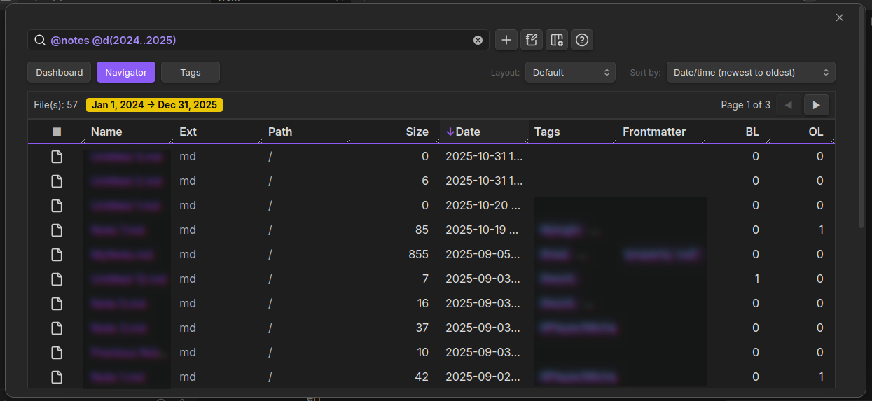 Dashboard navigator for Obsidian - date range filtering