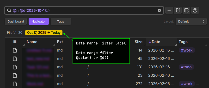 Dashboard navigator for Obsidian - date range filtering label