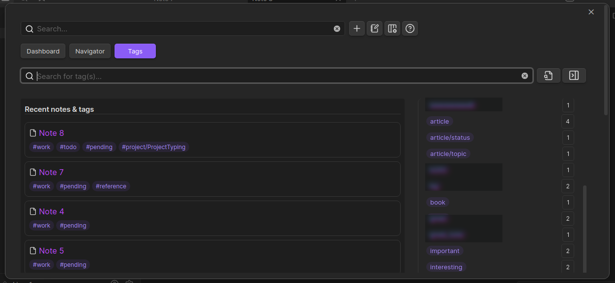Dashboard navigator for Obsidian - Tags