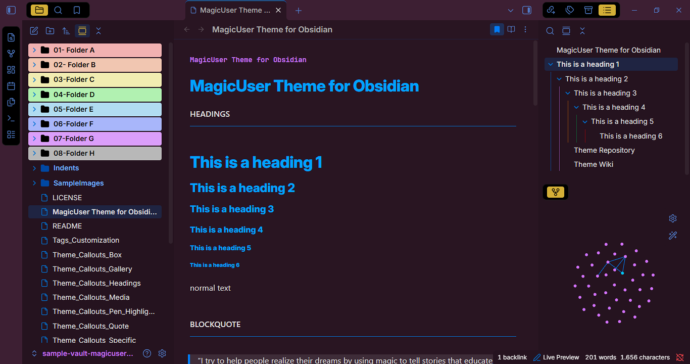 MagicUser theme for Obsidian - Creativity preset