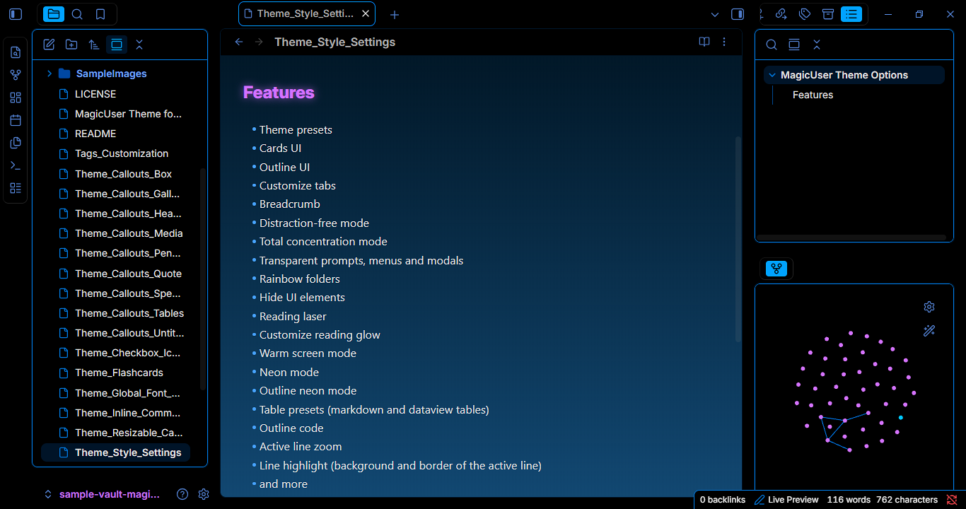MagicUser theme for Obsidian - Night preset - Cards UI