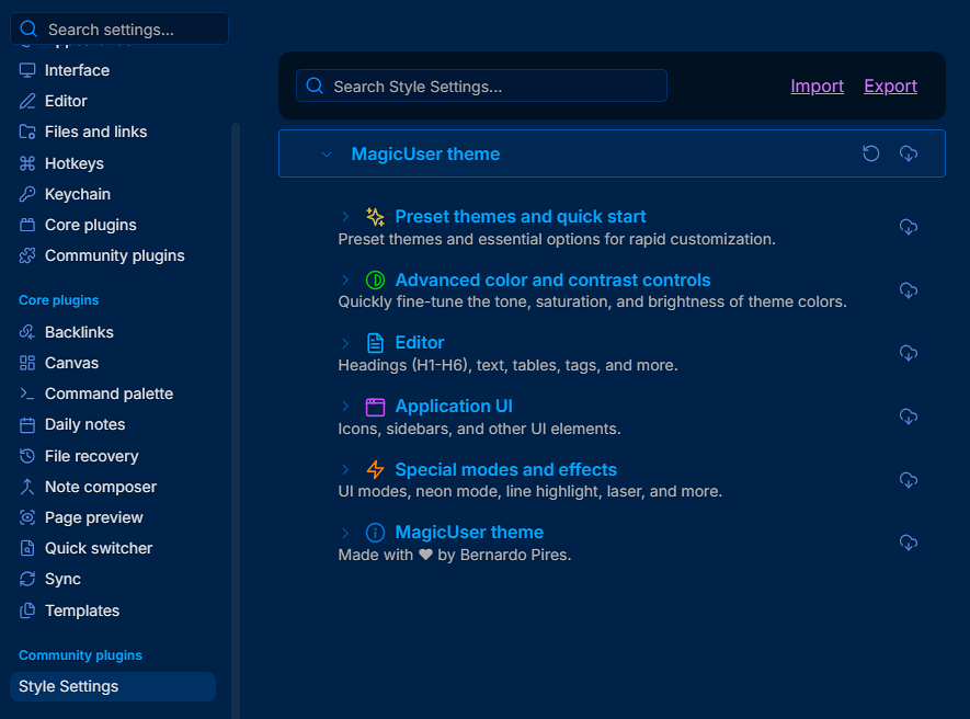 MagicUser Theme - Style Settings menu