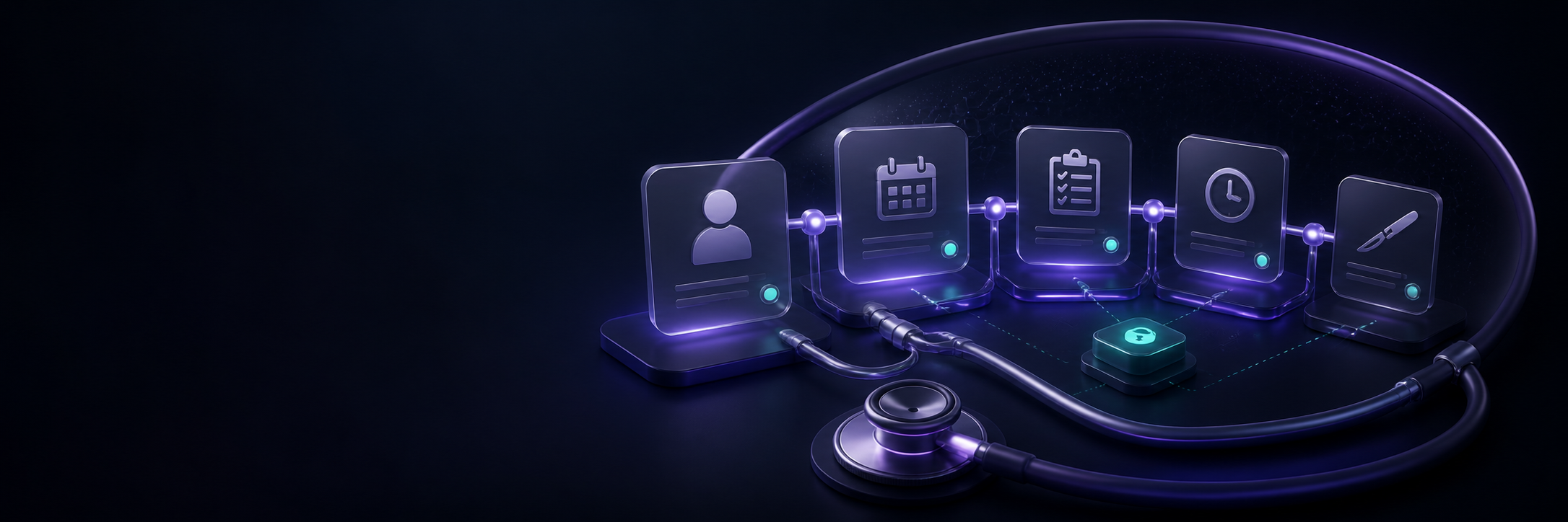 Clinical Workspace illustration showing connected patient, calendar, task, time, and surgery cards