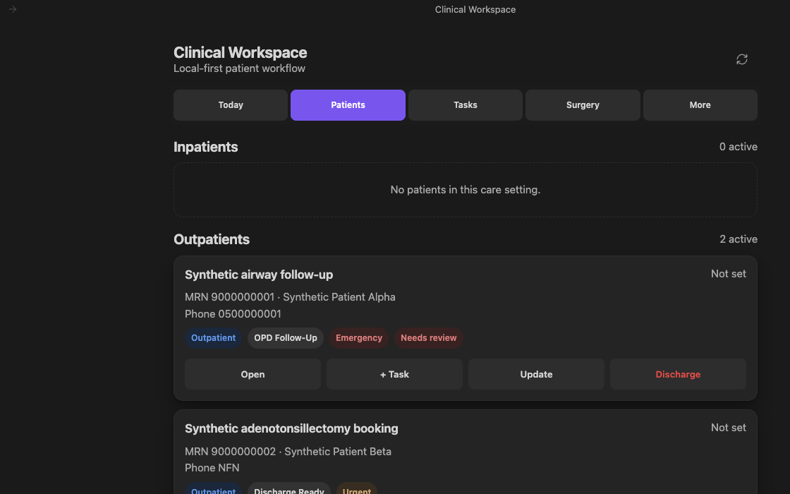 Clinical Workspace Patients view showing two synthetic outpatient records