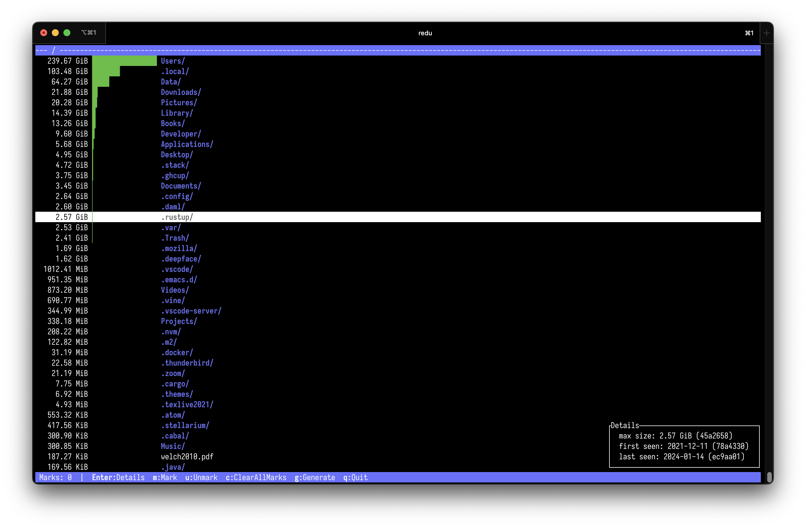 Screenshot of redu showing the contents of a repo with details open