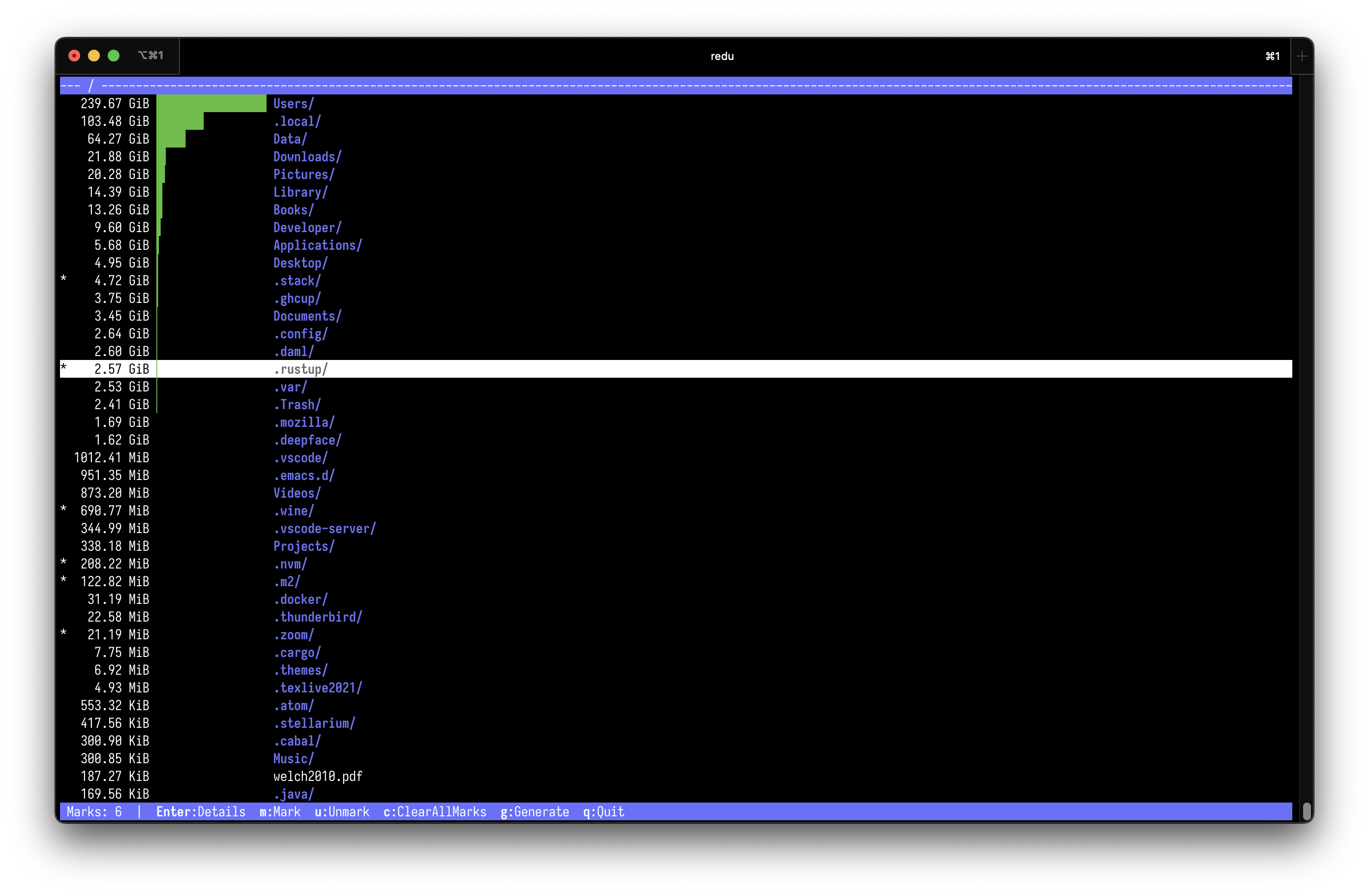 Screenshot of redu showing the contents of a repo with some marks