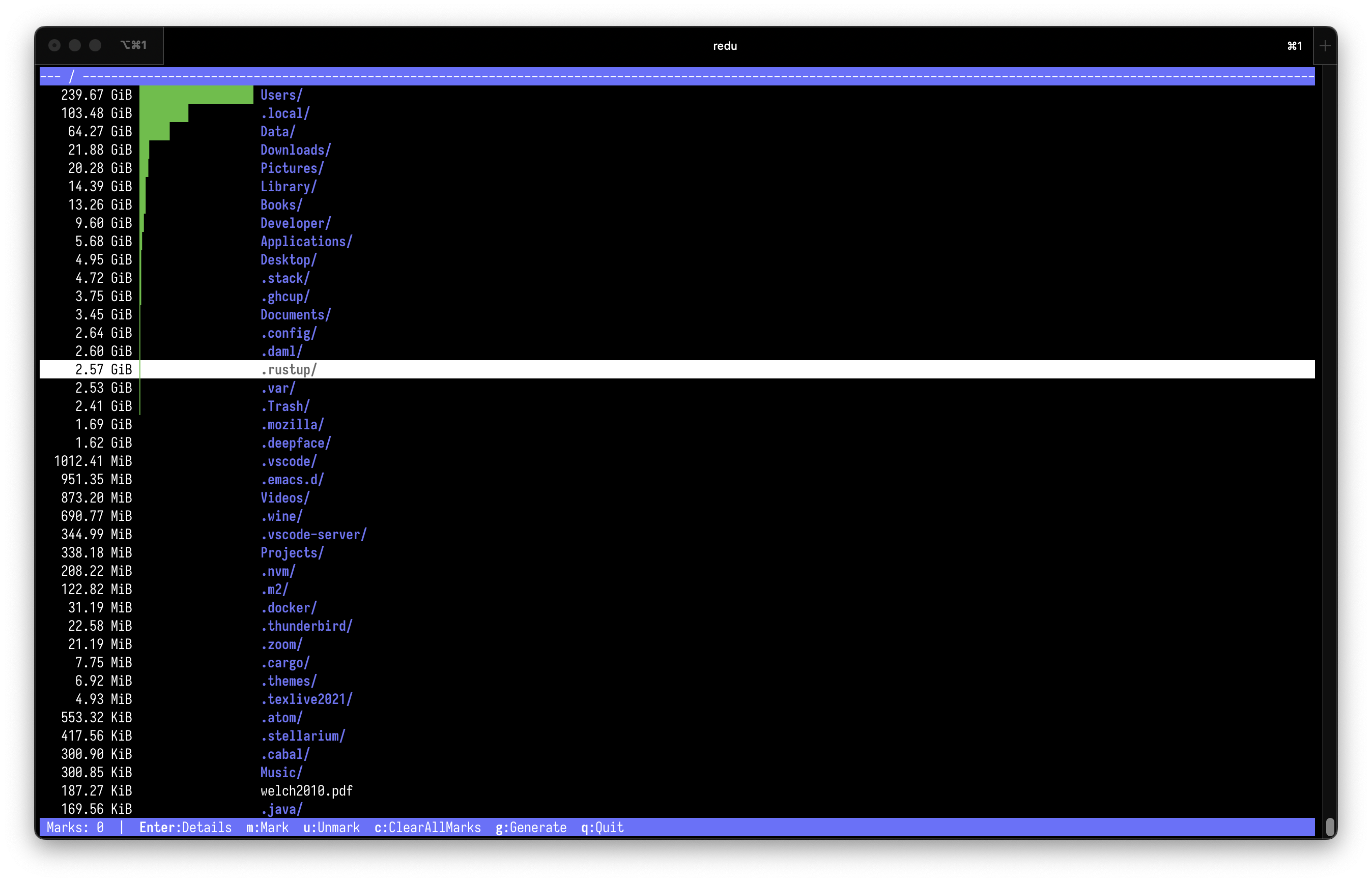 Screenshot of redu showing the contents of a repo