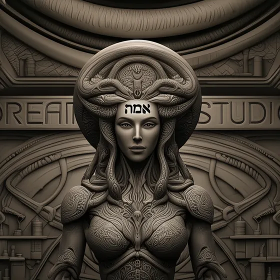 Close view of a sepia sculpture’s face and shoulders. The Hebrew word אמת is set across her headband.