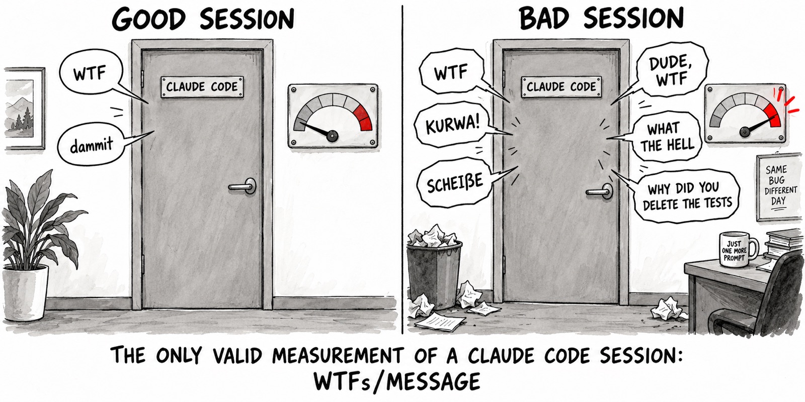 GOOD SESSION vs BAD SESSION: two doors labeled CLAUDE CODE, the bad one surrounded by WTF, KURWA!, SCHEISSE, DUDE WTF, WHY DID YOU DELETE THE TESTS
