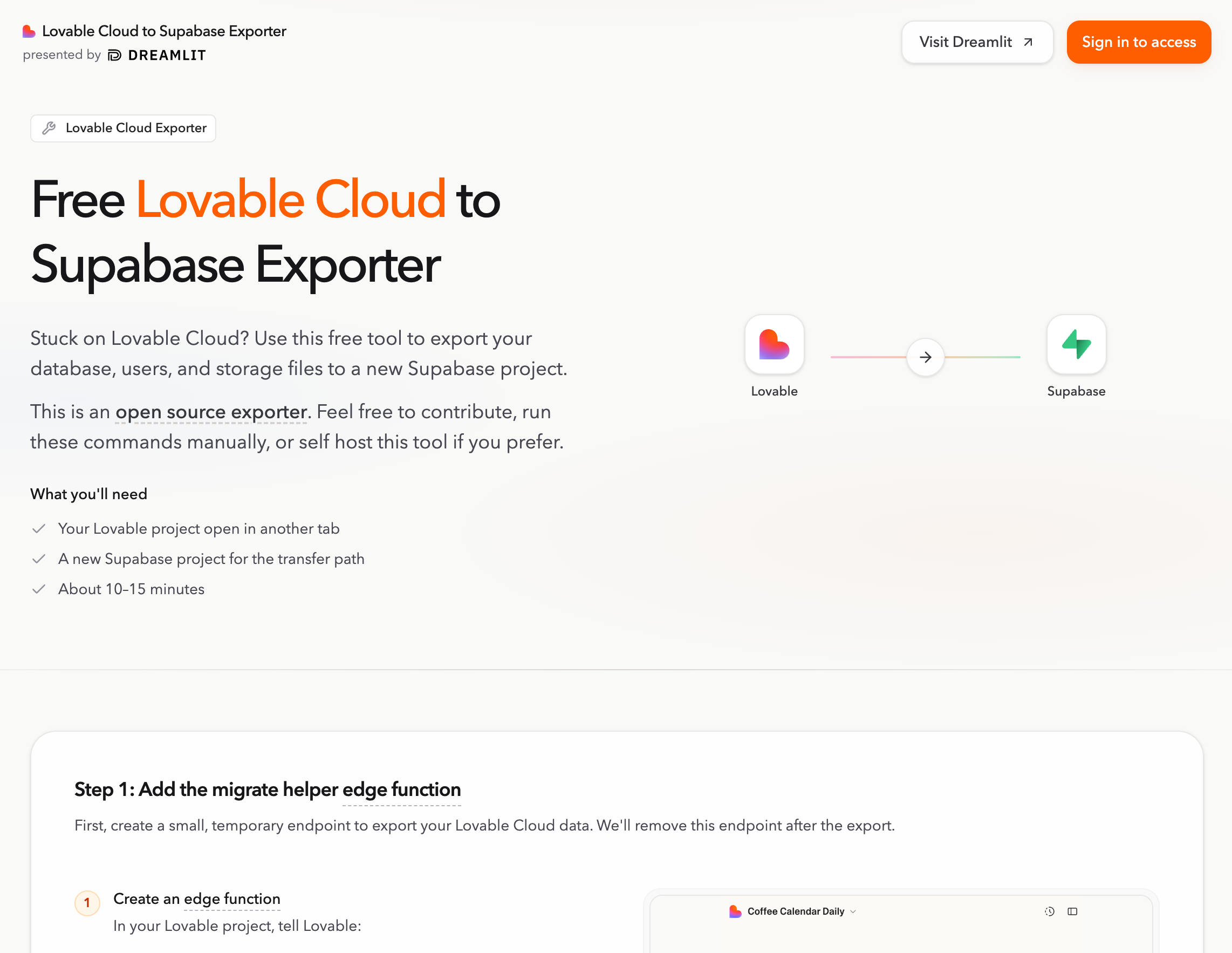Lovable Cloud to Supabase Exporter hosted on Dreamlit