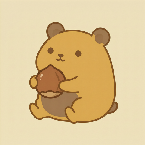 MemVault — a round hamster mascot hugging its memory nut, honey gold and brown on cream