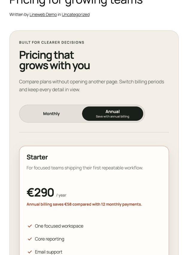 Responsive Lineweb Pricing Table with annual billing selected