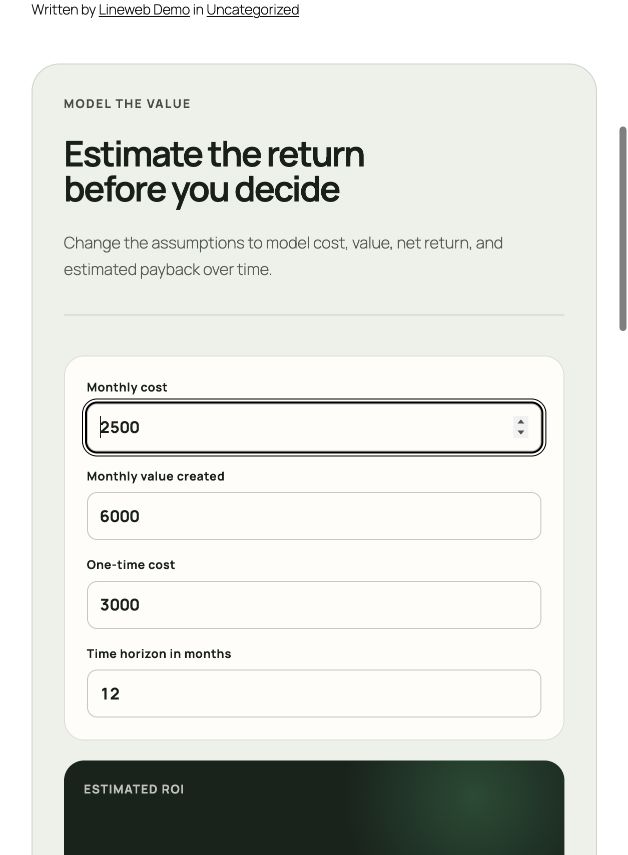 Lineweb ROI Calculator assumptions on a public page