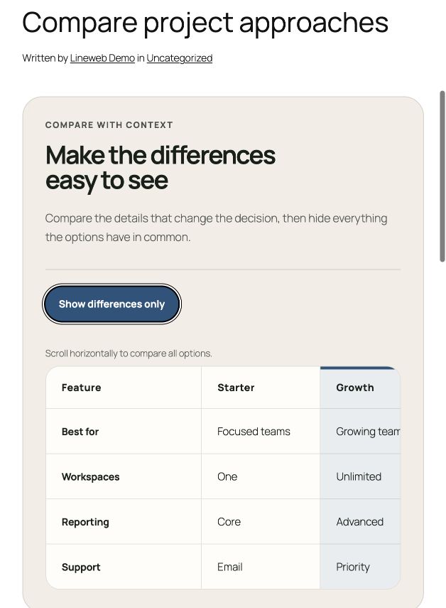 Lineweb Decision Matrix comparison on a narrow screen