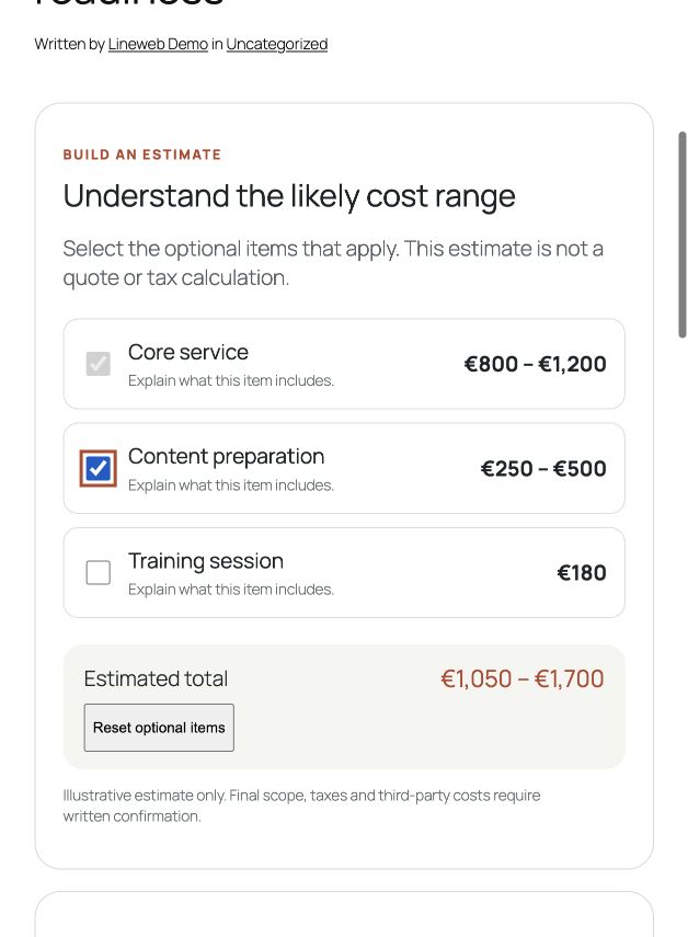 Lineweb Cost Estimator with required and optional items