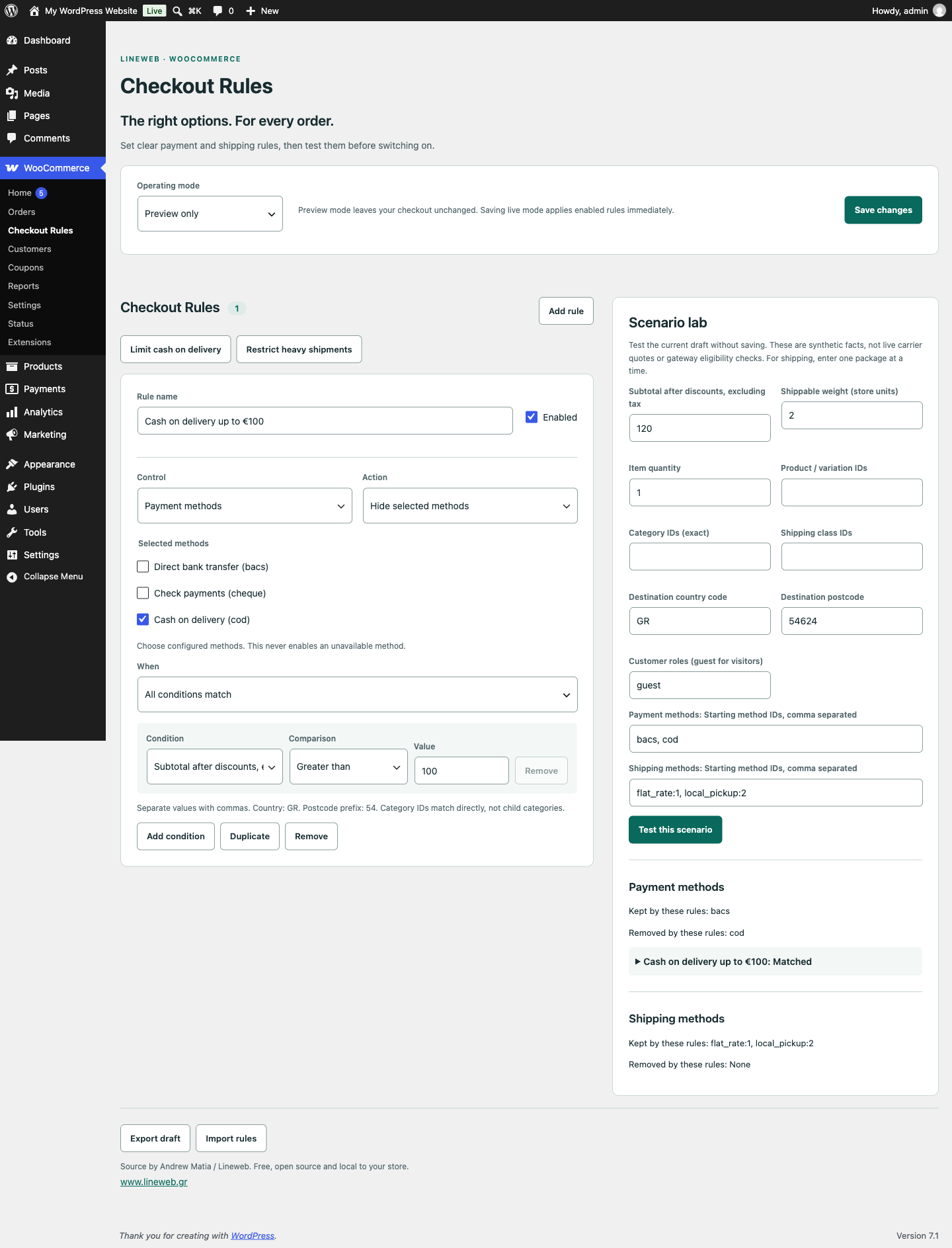 Checkout Rules merchant workspace