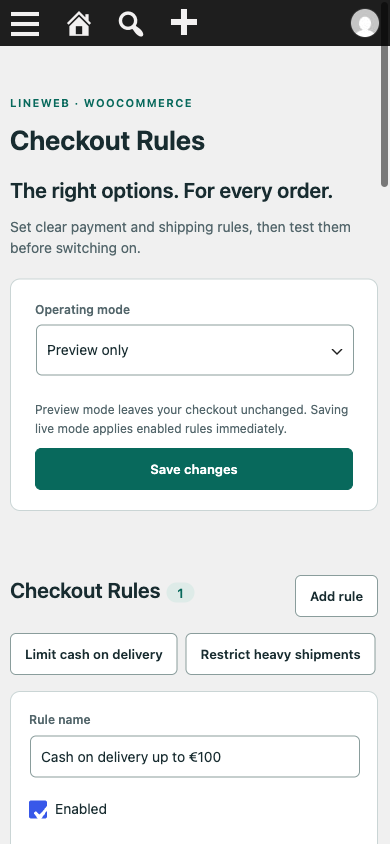 Checkout Rules on a narrow mobile viewport