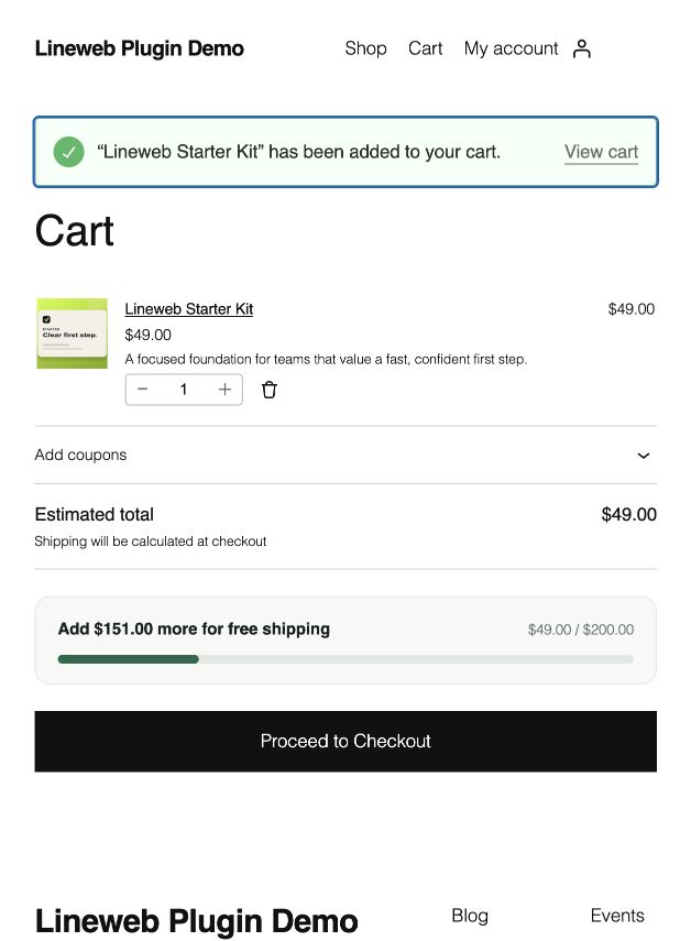 Free shipping progress above the WooCommerce Cart checkout action