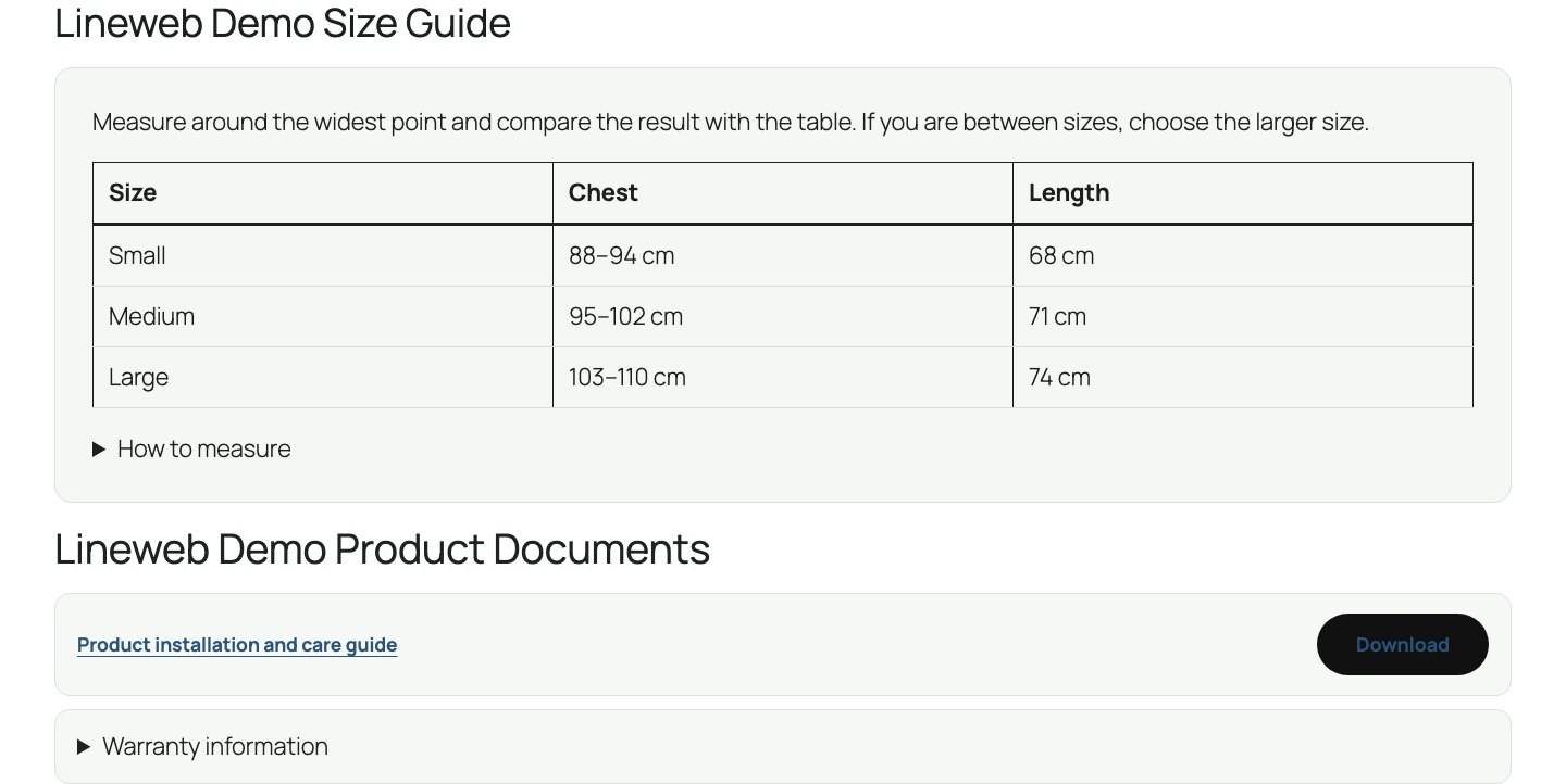 Reusable WooCommerce Smart Size Guide and Product Documents on desktop