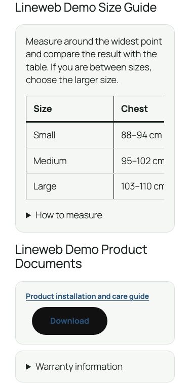 WooCommerce Smart Size Guide and Product Documents on a 375 pixel mobile layout