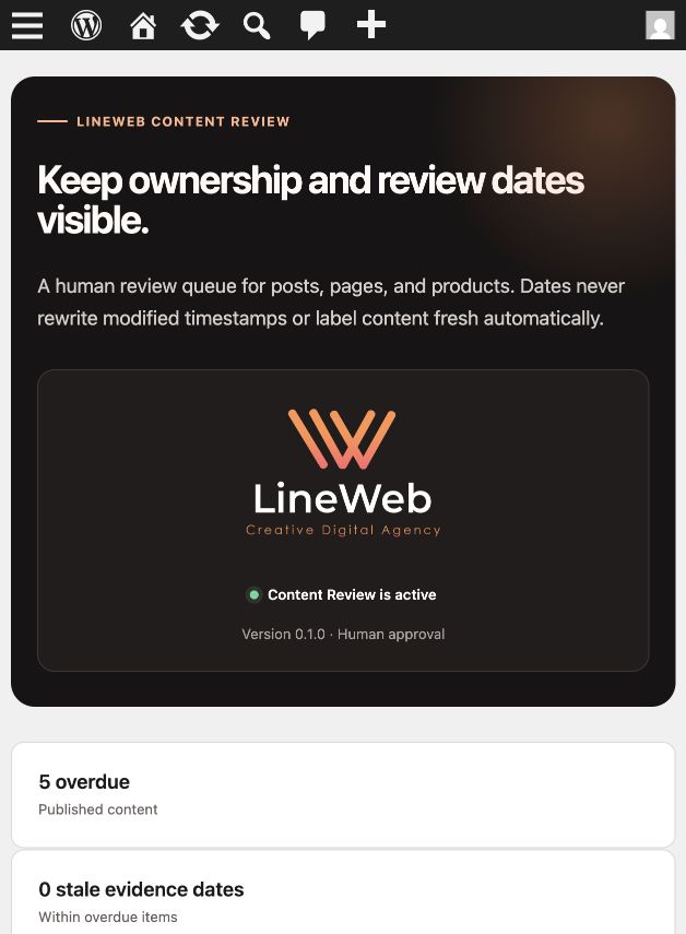Lineweb Content Review dashboard with overdue and evidence summaries