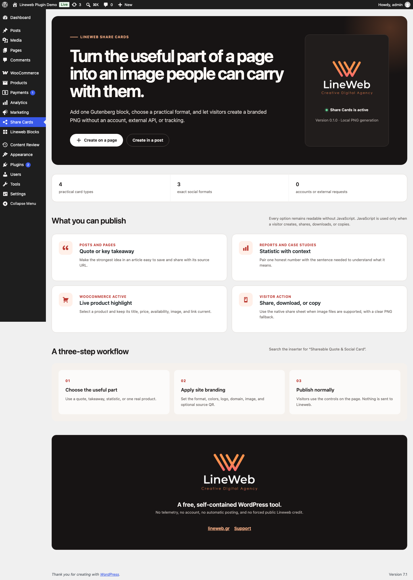 Lineweb Share Cards WordPress administration home