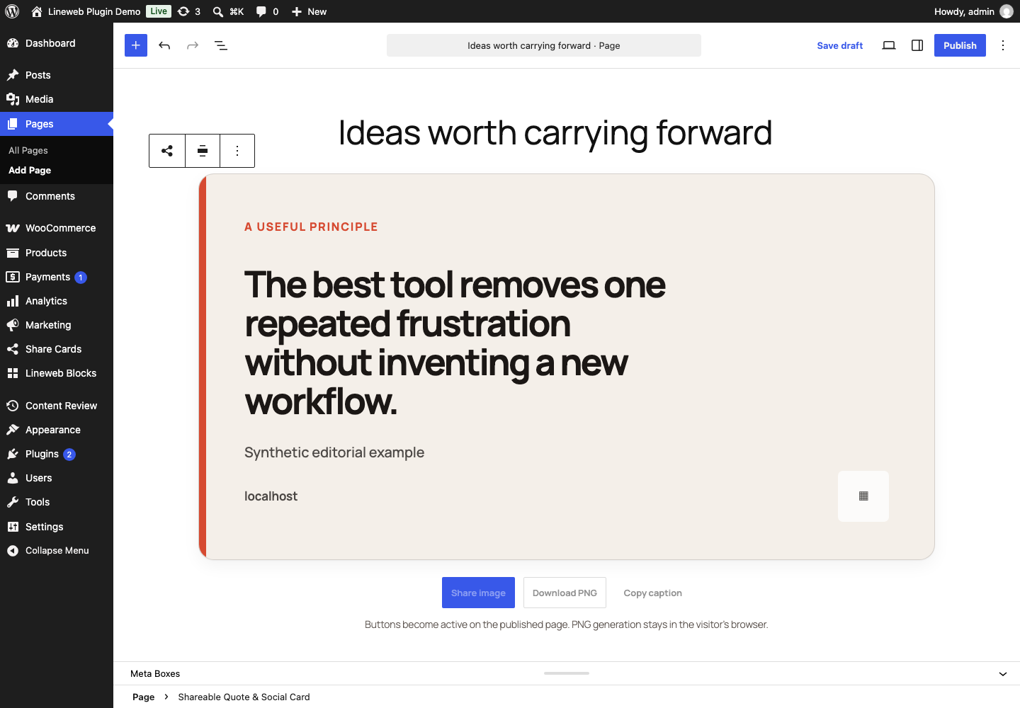 Shareable quote card live preview in the Gutenberg editor
