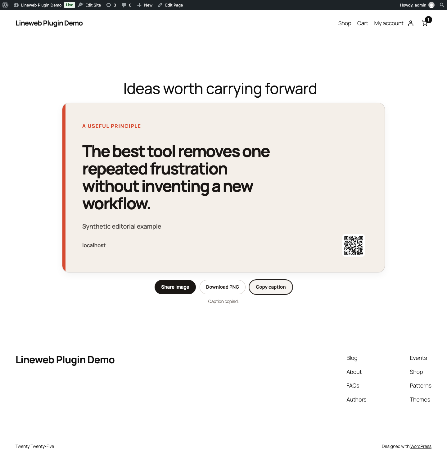 Published landscape quote card with share, download, and copy controls