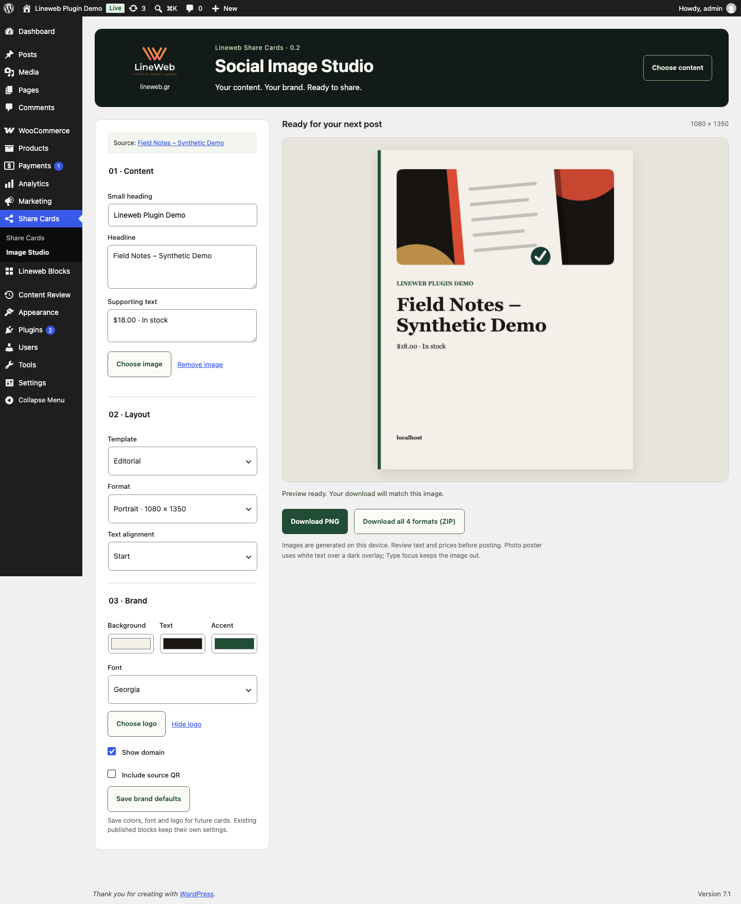 Social Image Studio with product source, brand controls, exact preview, and PNG or ZIP export
