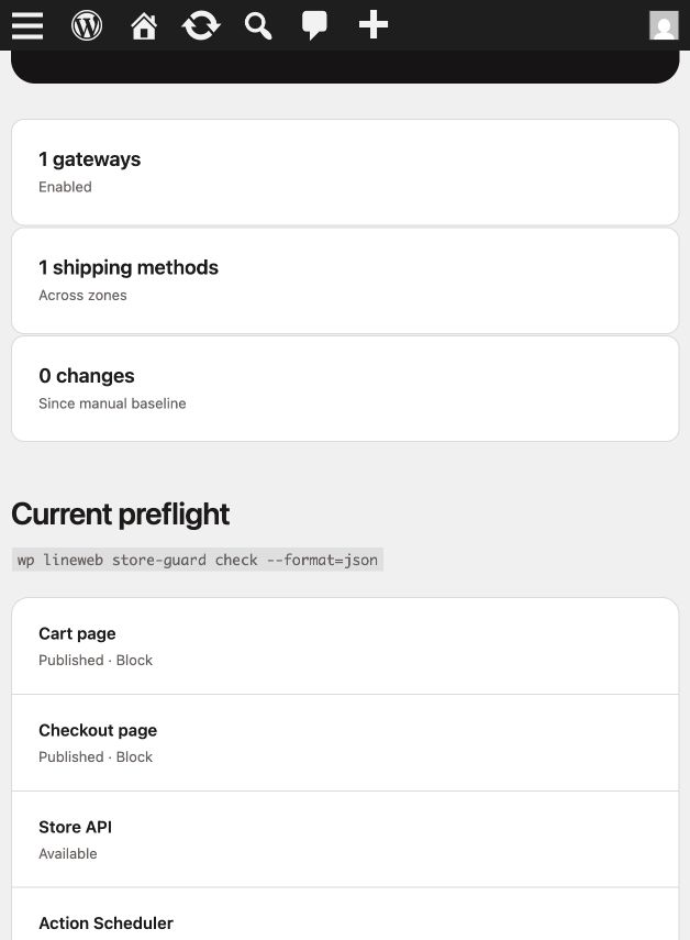 Current WooCommerce preflight checks and WP-CLI command