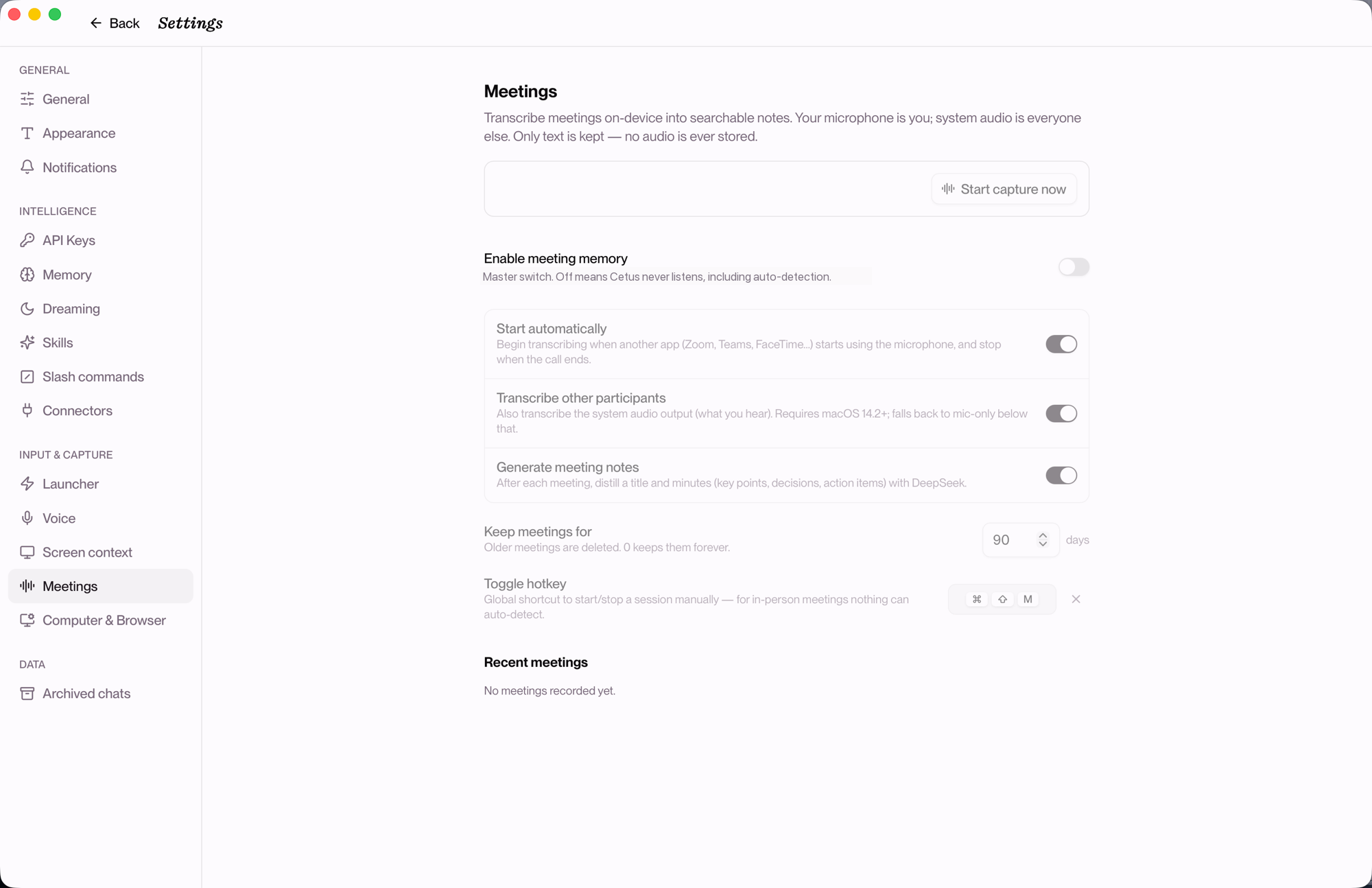 Cetus meeting memory — Settings → Meetings