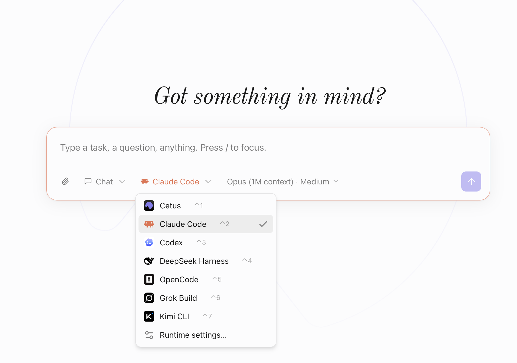 Cetus runtime picker — Claude Code, Codex, DeepSeek Harness, OpenCode, Grok Build, and Kimi CLI in one macOS app