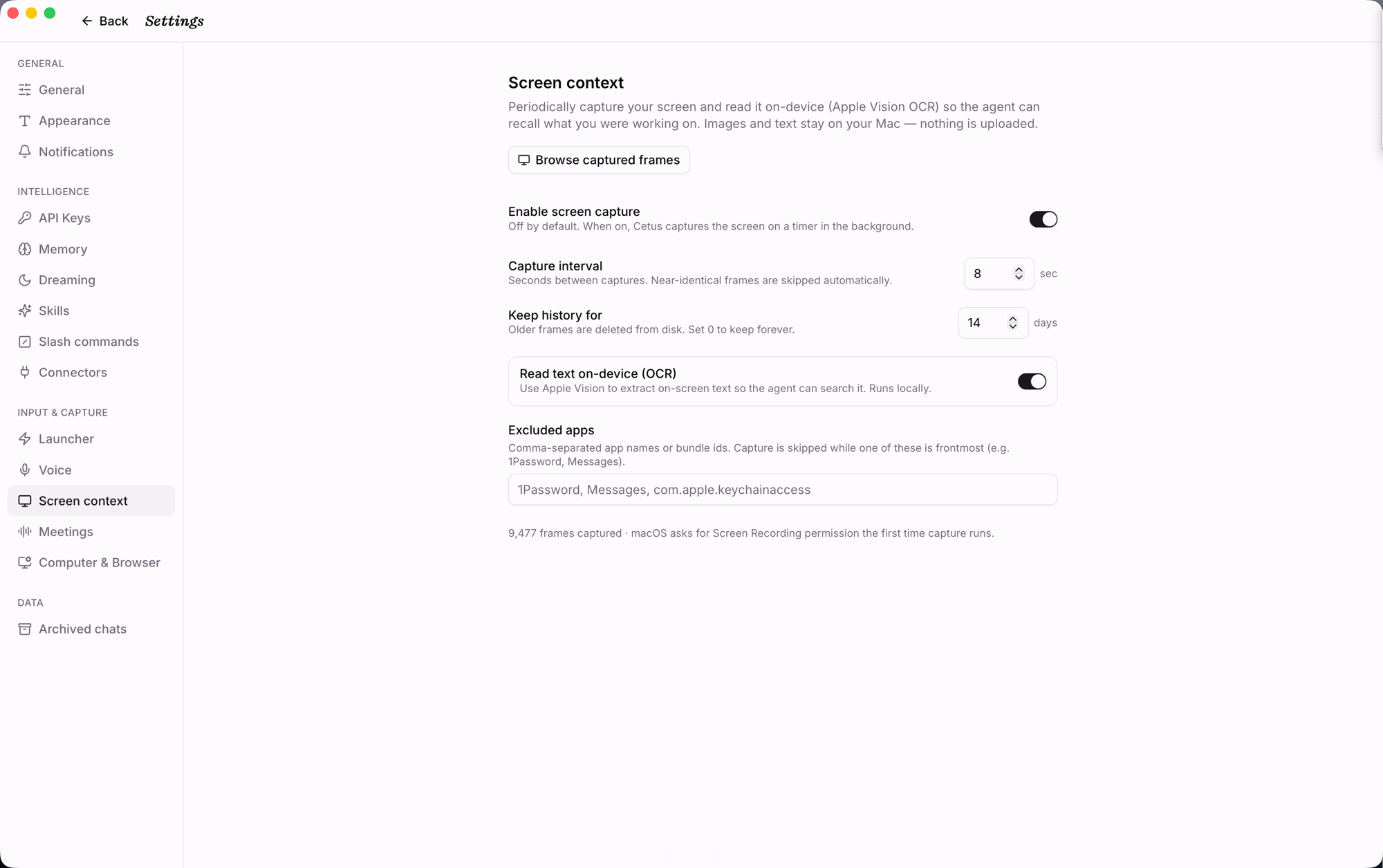 Cetus screen context settings