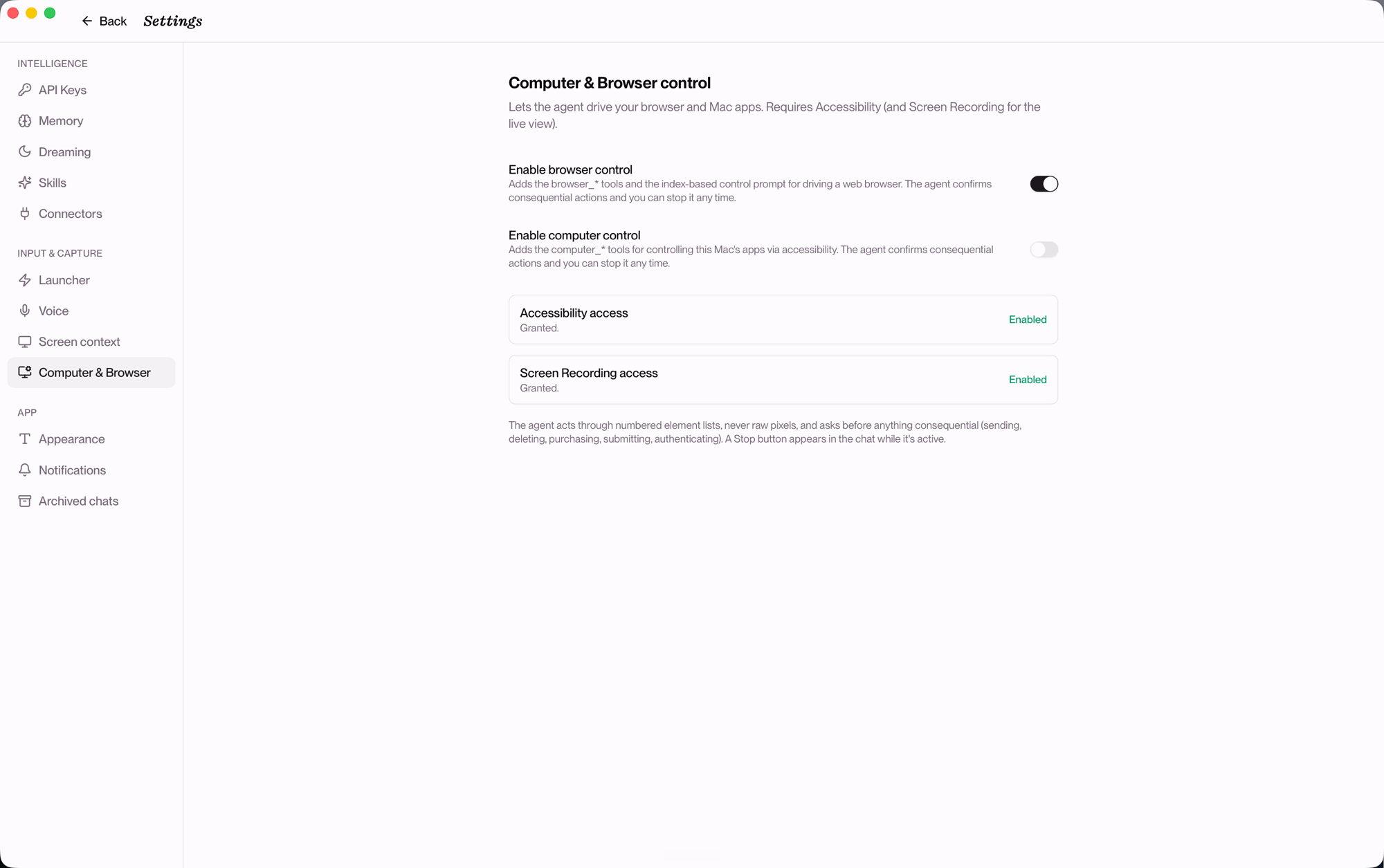 Cetus settings — Computer & Browser control