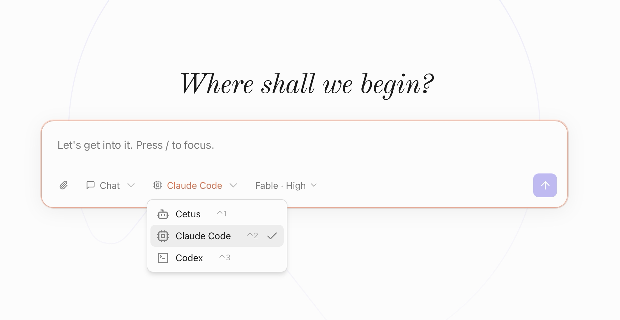 Cetus runtime picker — run Cetus, Claude Code, or Codex in the same desktop app
