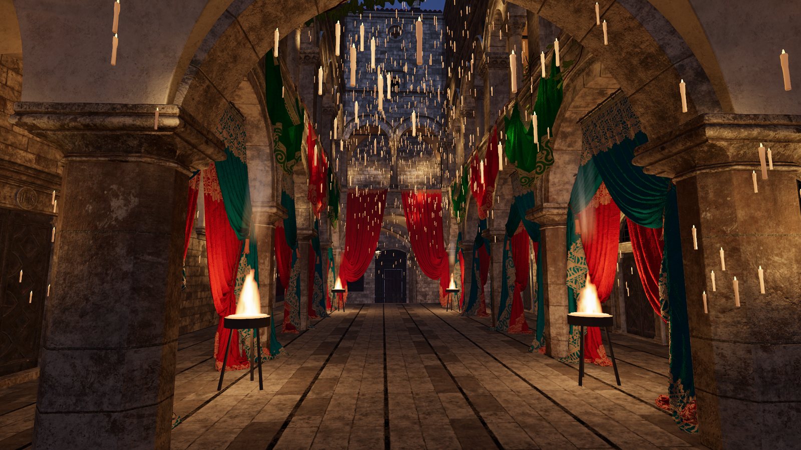 The Sponza atrium at night, lit by braziers and hanging candles, drawn by DriftEngine.