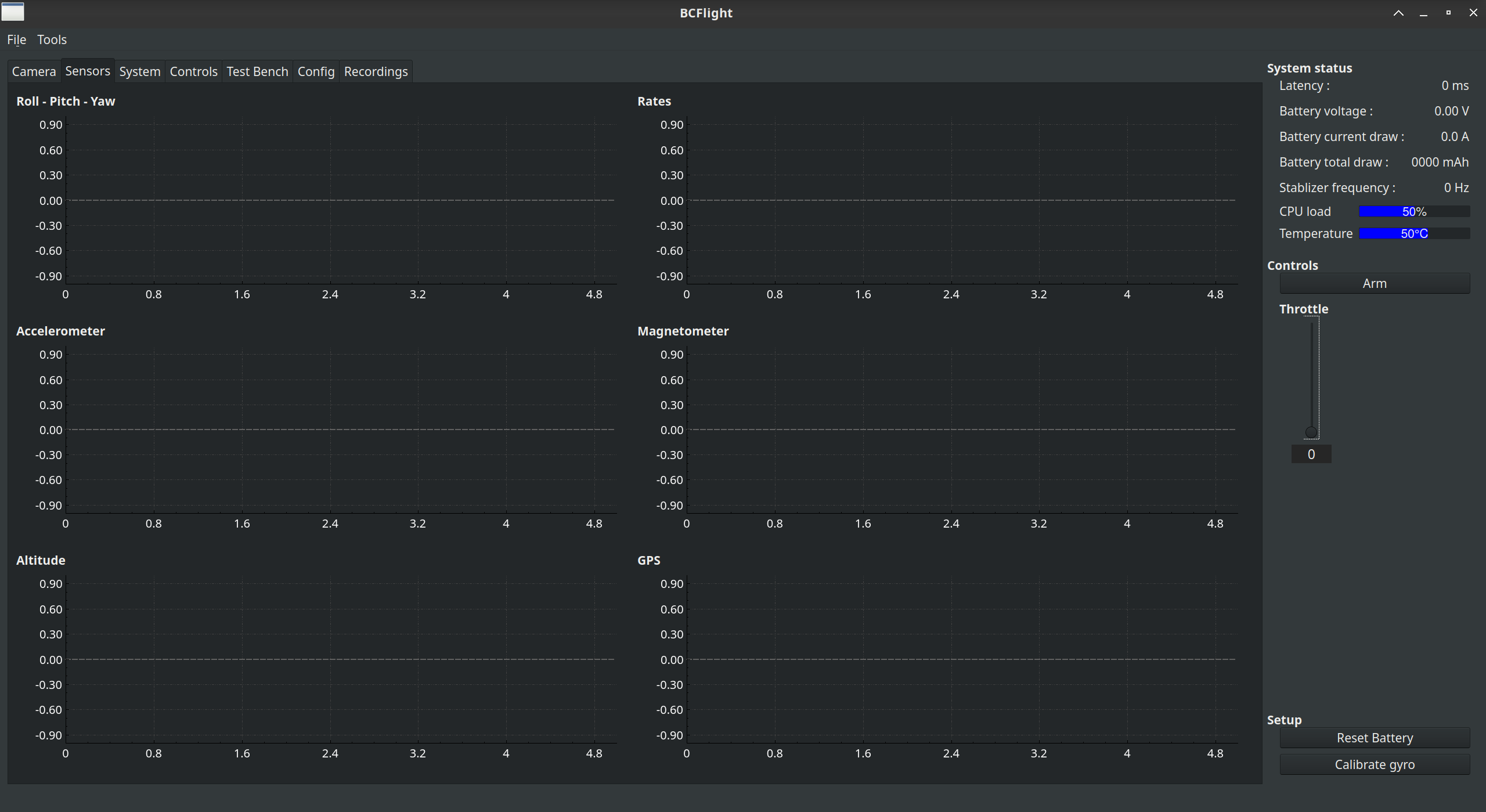 Sensors view in the Controller PC GUI window