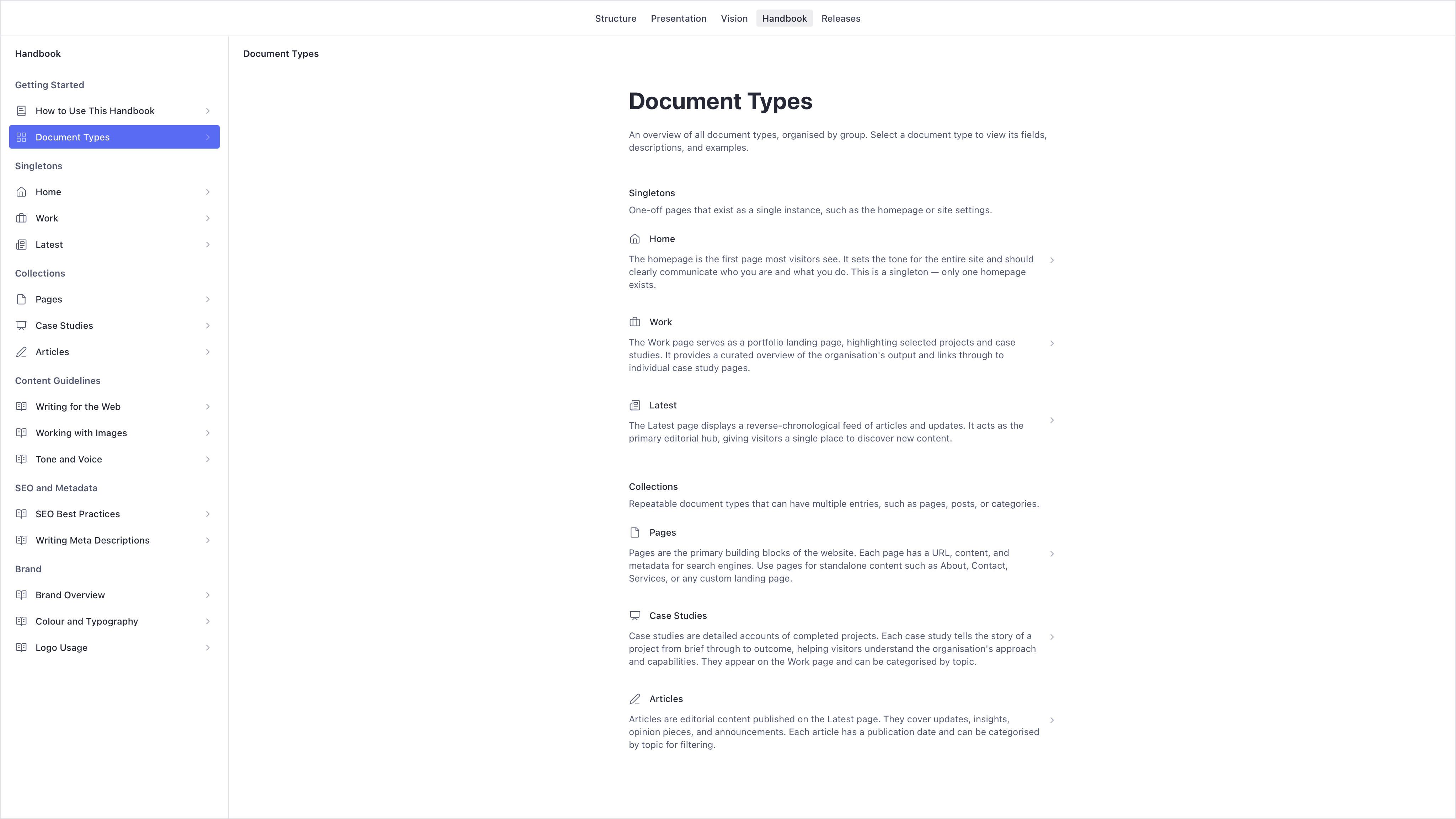 The Handbook tool showing document type groups in the sidebar with Singletons and Collections listed