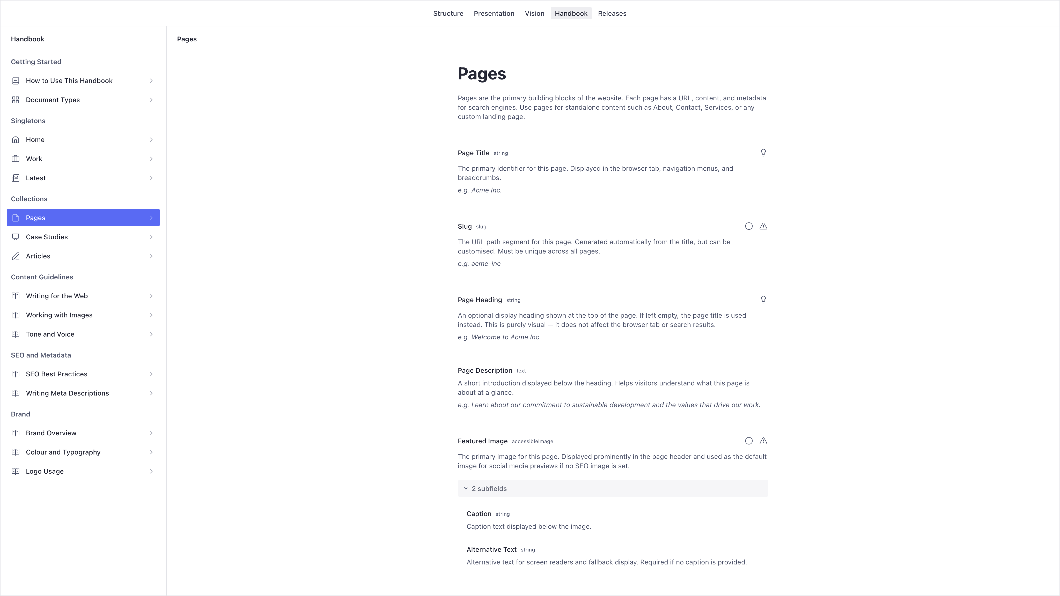 The Handbook tool displaying field documentation for a Pages document type, with field names, types, descriptions, and example values