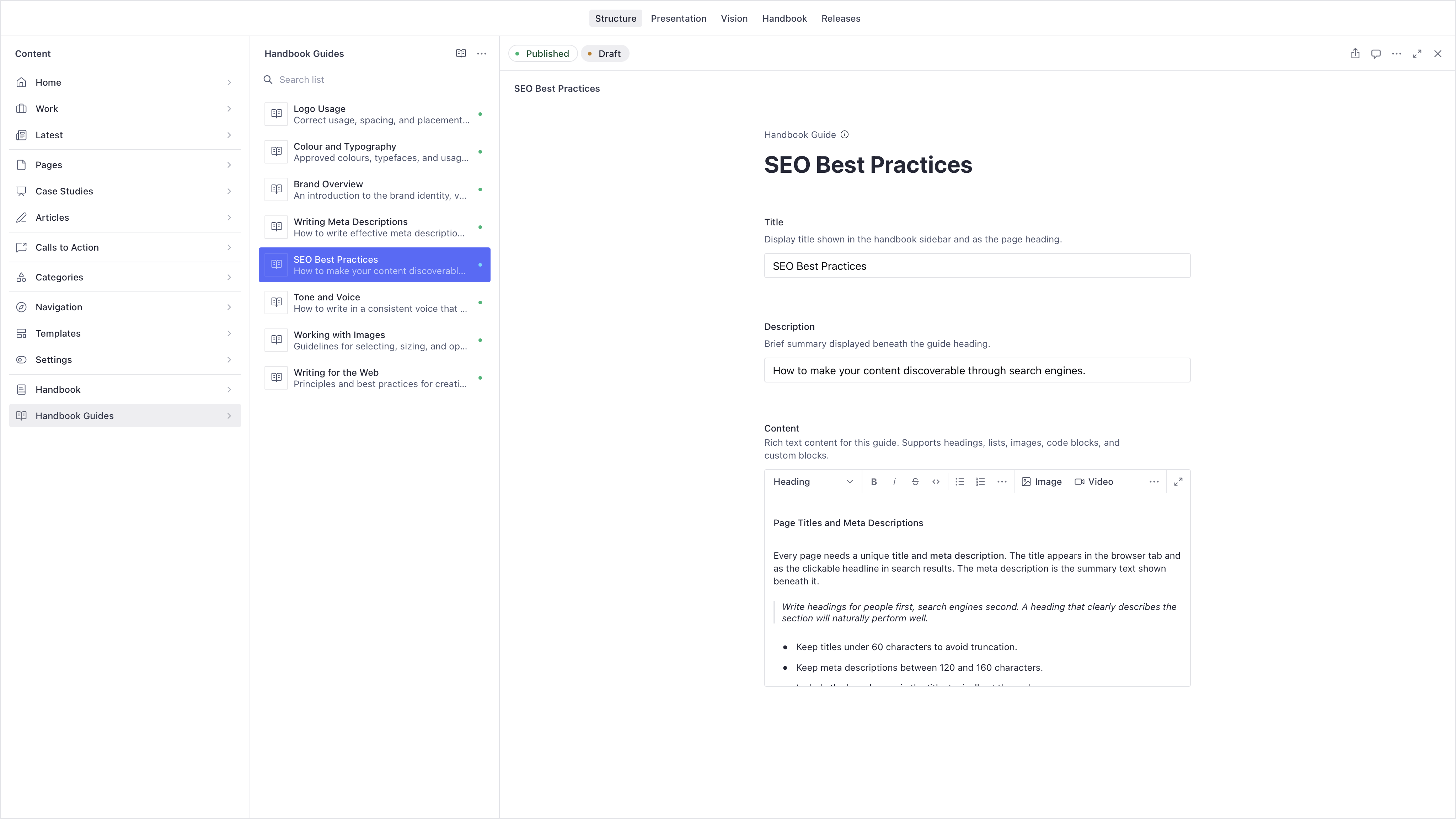 The Handbook Guides list in the Structure tool, showing individual guide documents available for editing