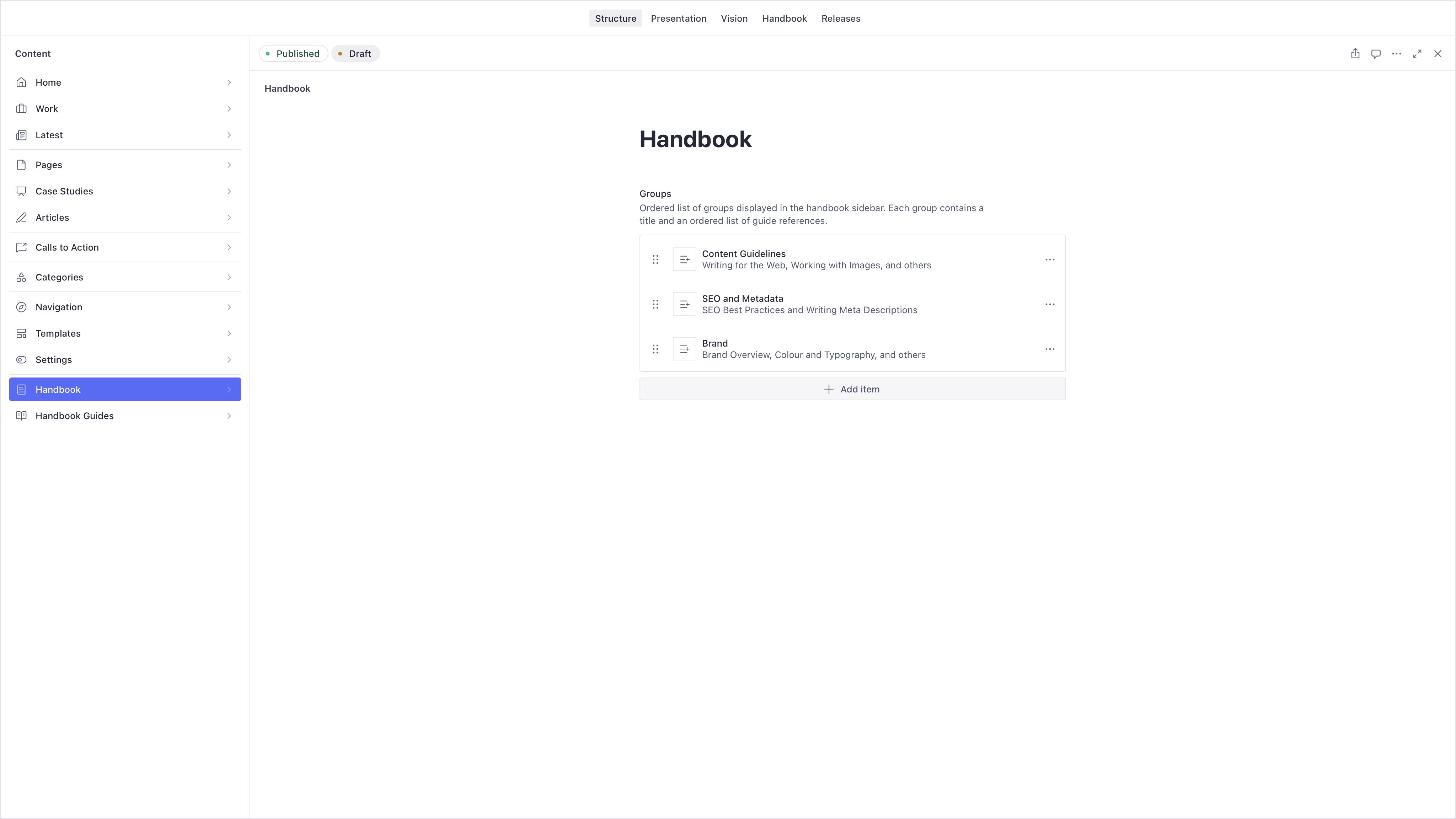 The Handbook singleton editor in the Structure tool, showing reorderable groups each containing guide references