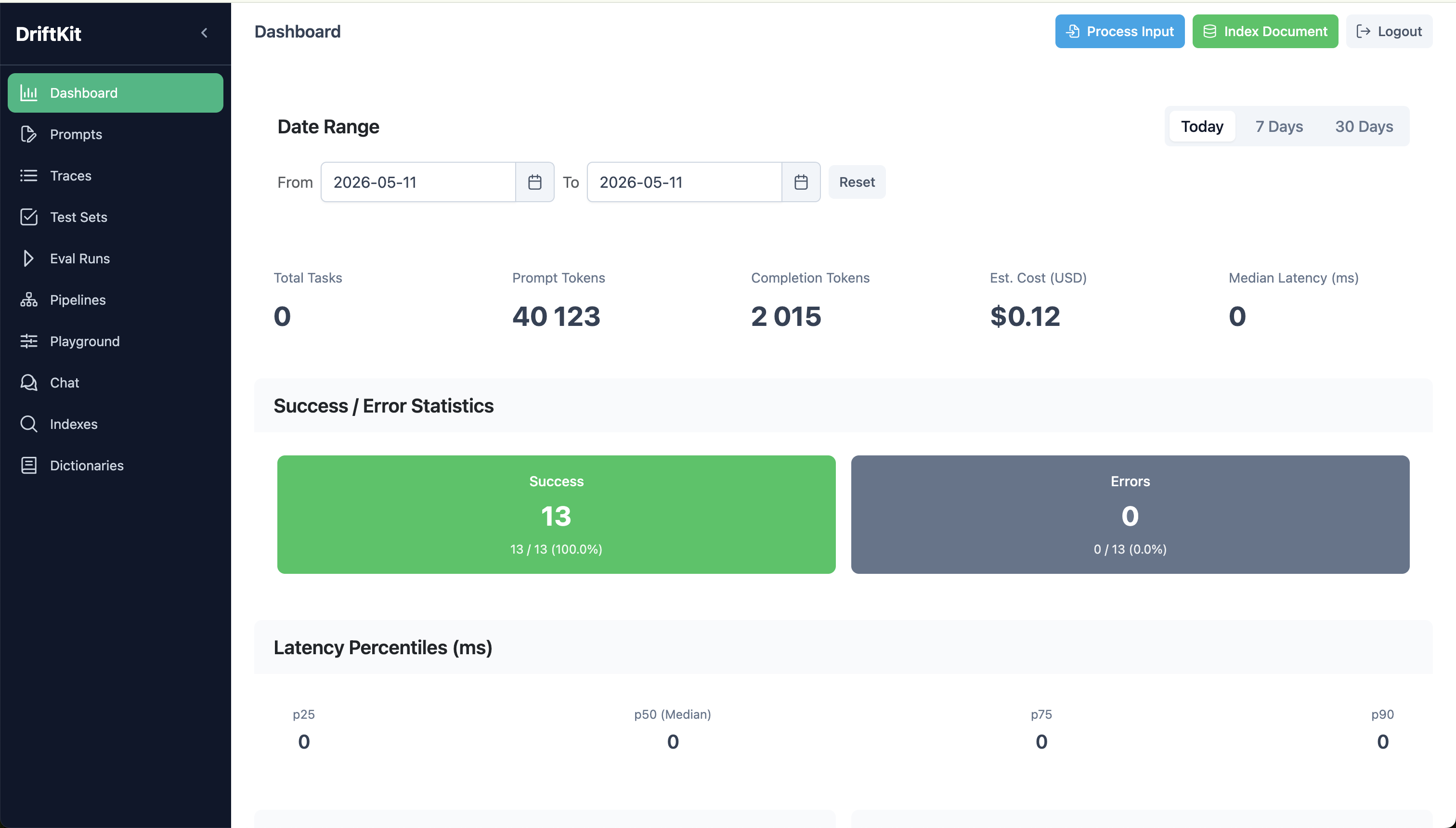 Dashboard — cost, tokens, latency metrics