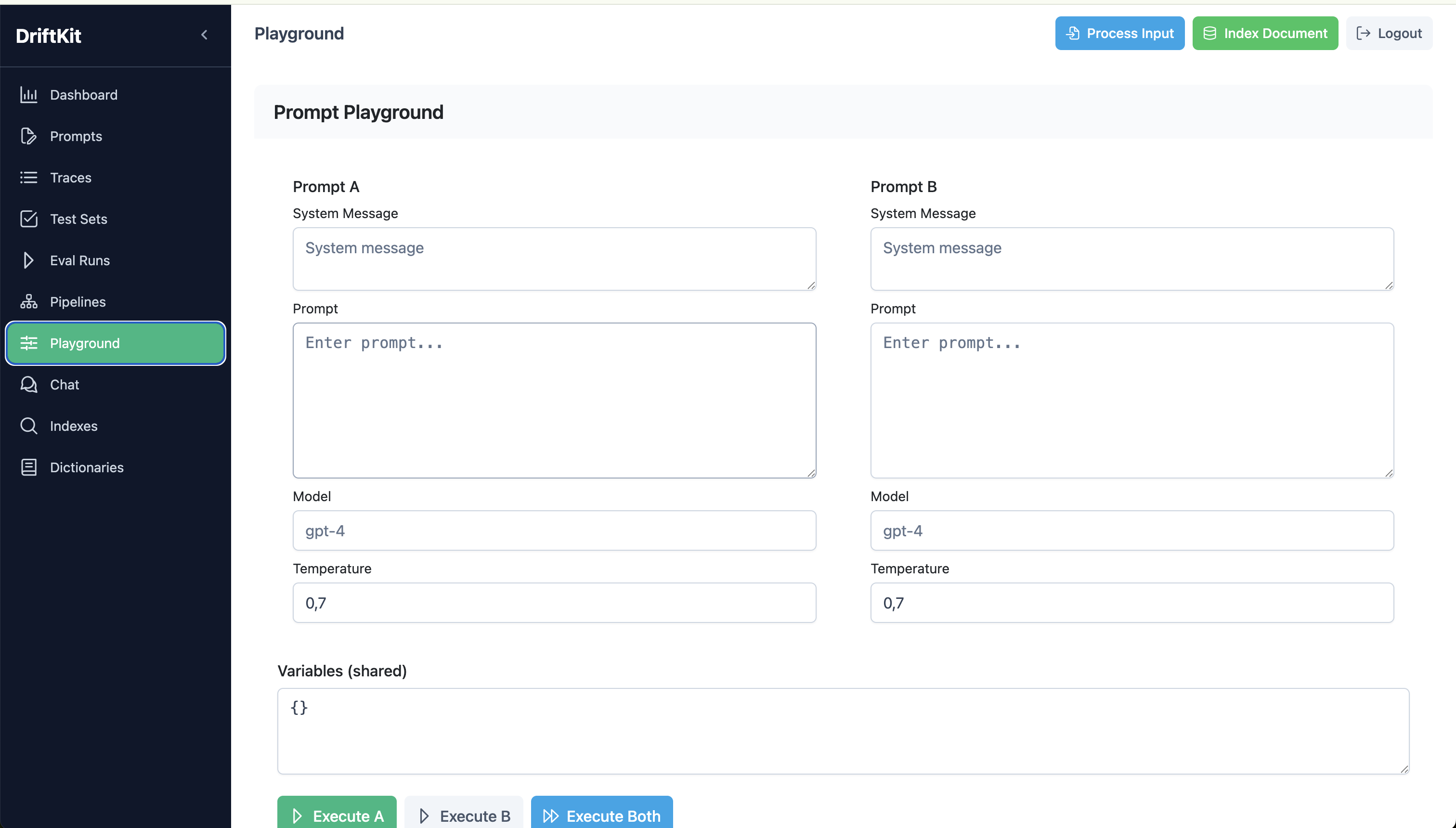 Playground — A/B prompt testing with shared variables