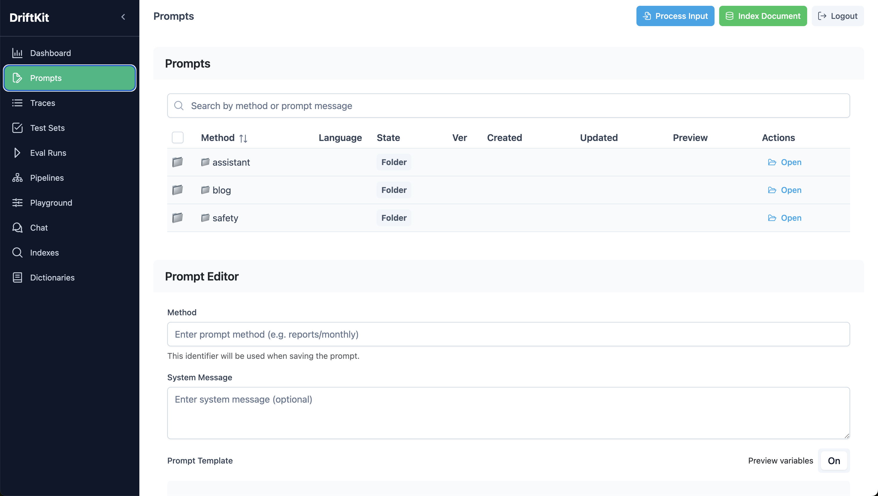 Prompt Editor with folders, versioning, state machine