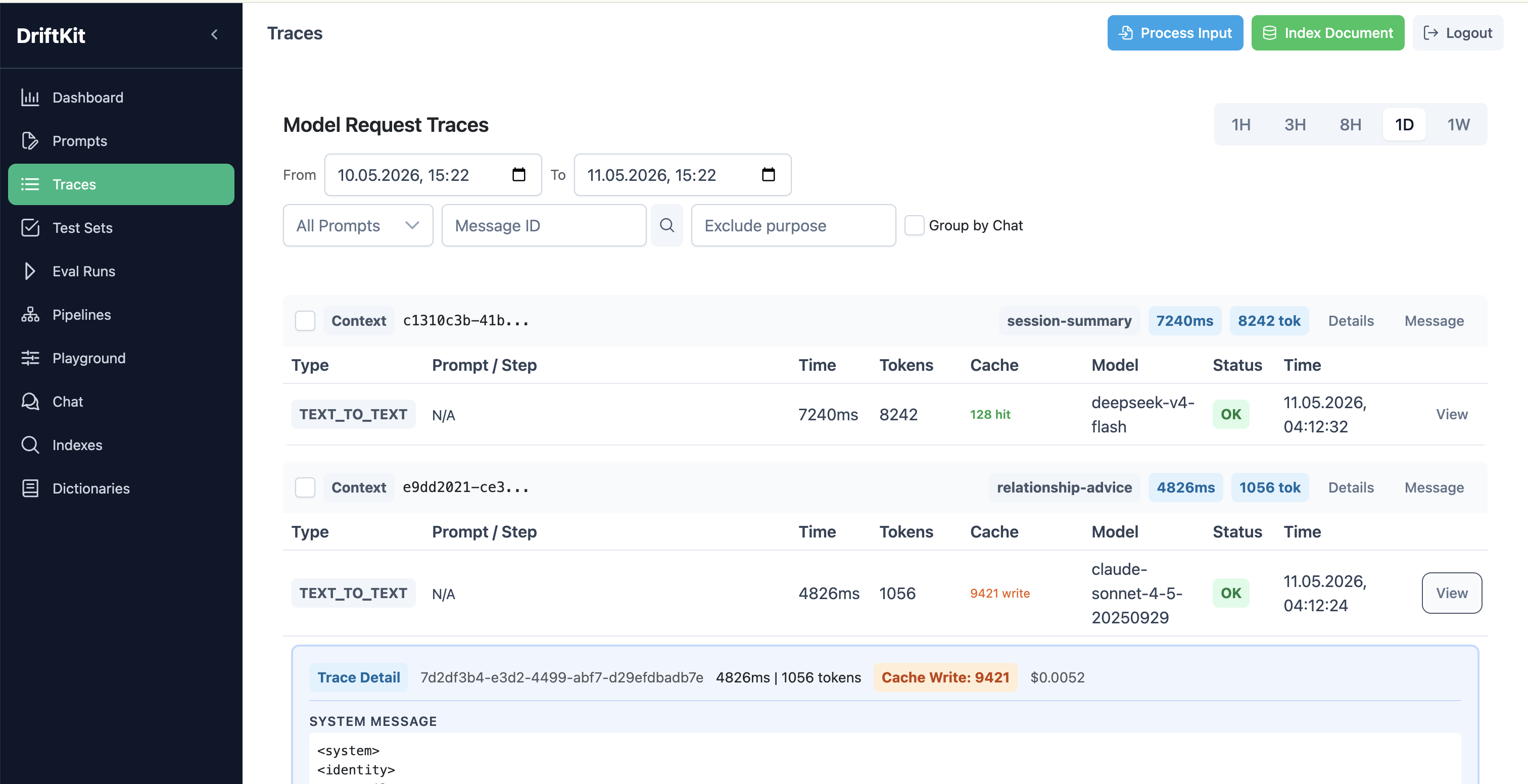 Trace Detail — cache metrics, system message, conversation context