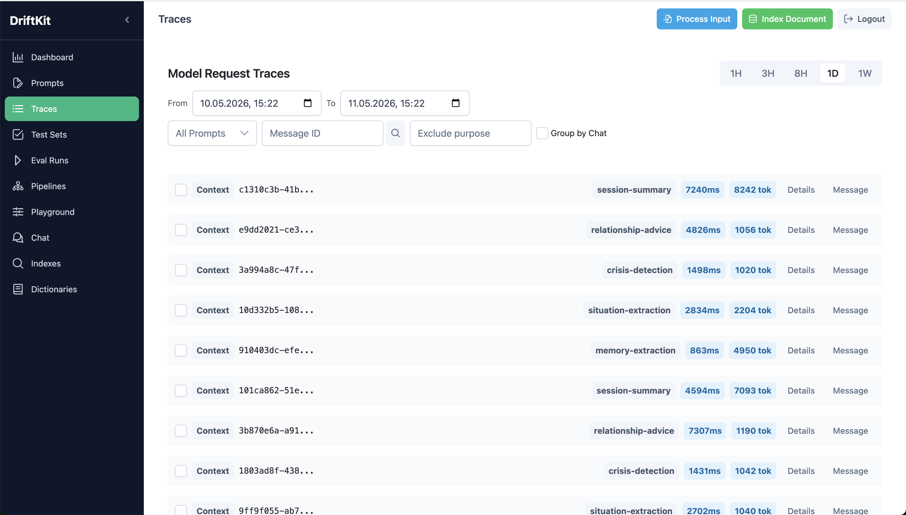 Traces — per-request cache hit/write/miss, tokens, latency