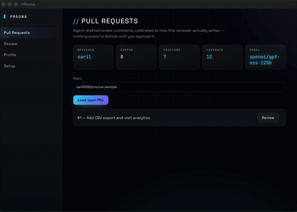 PRsona reviewing PR #1: load PRs, run the agent, triage findings, post a pending review to GitHub